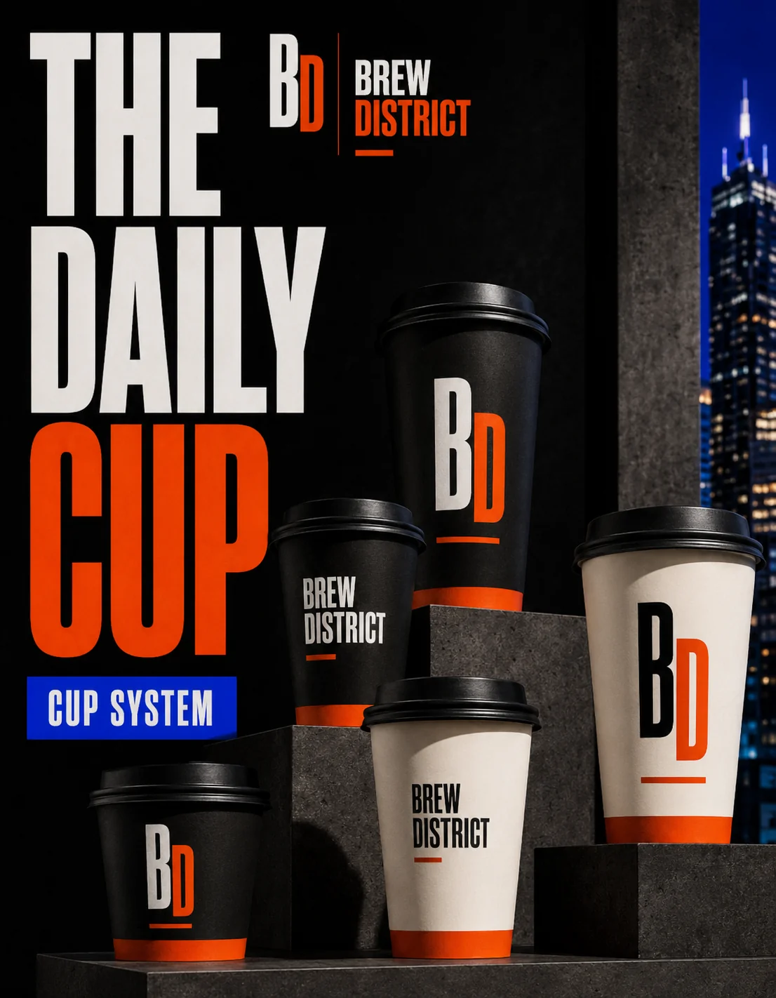 Brew District takeaway hot and iced coffee cup designs with large typography