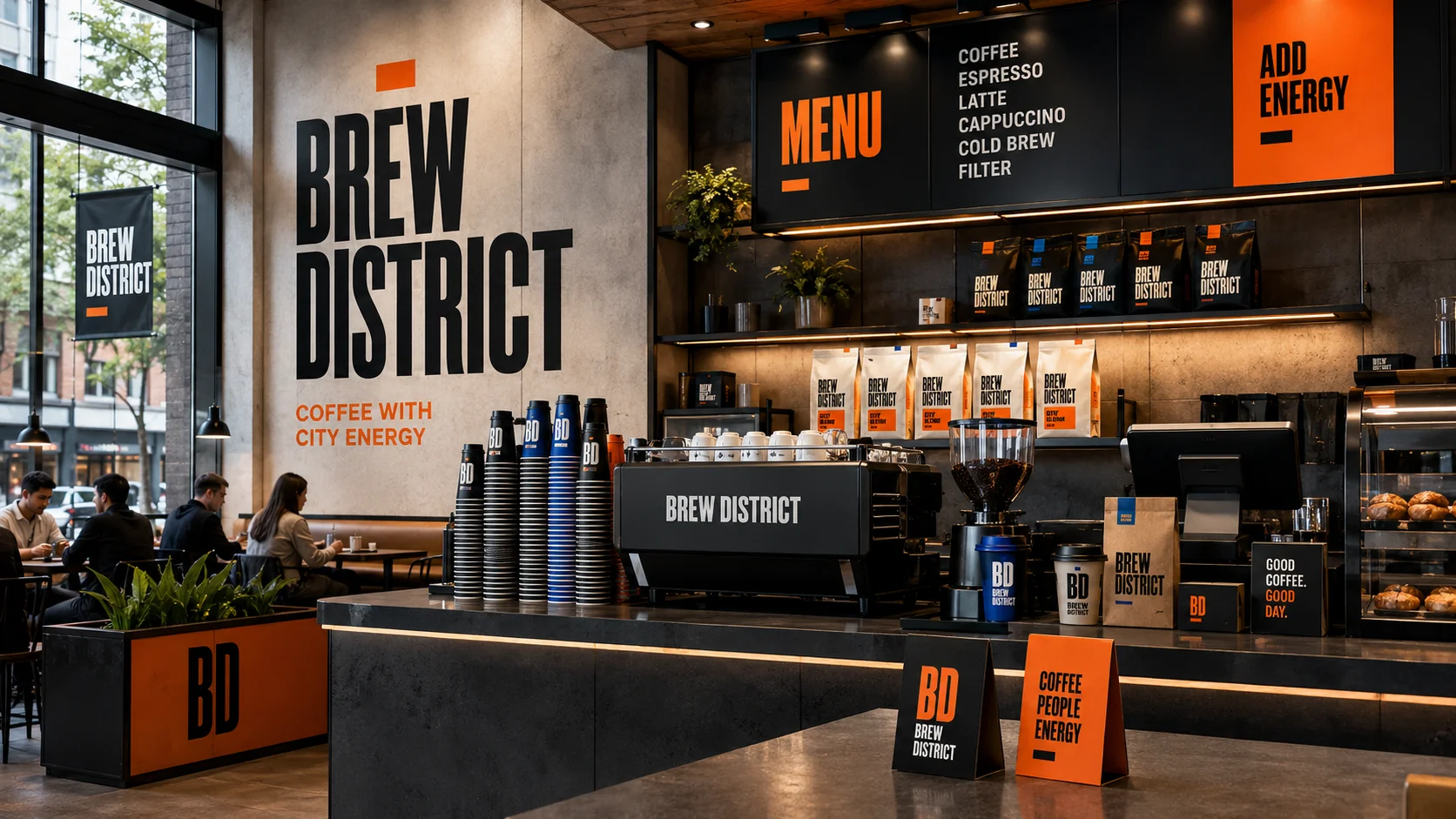 Café interior layout with prominent logo walls, pickup signages, and menu boards