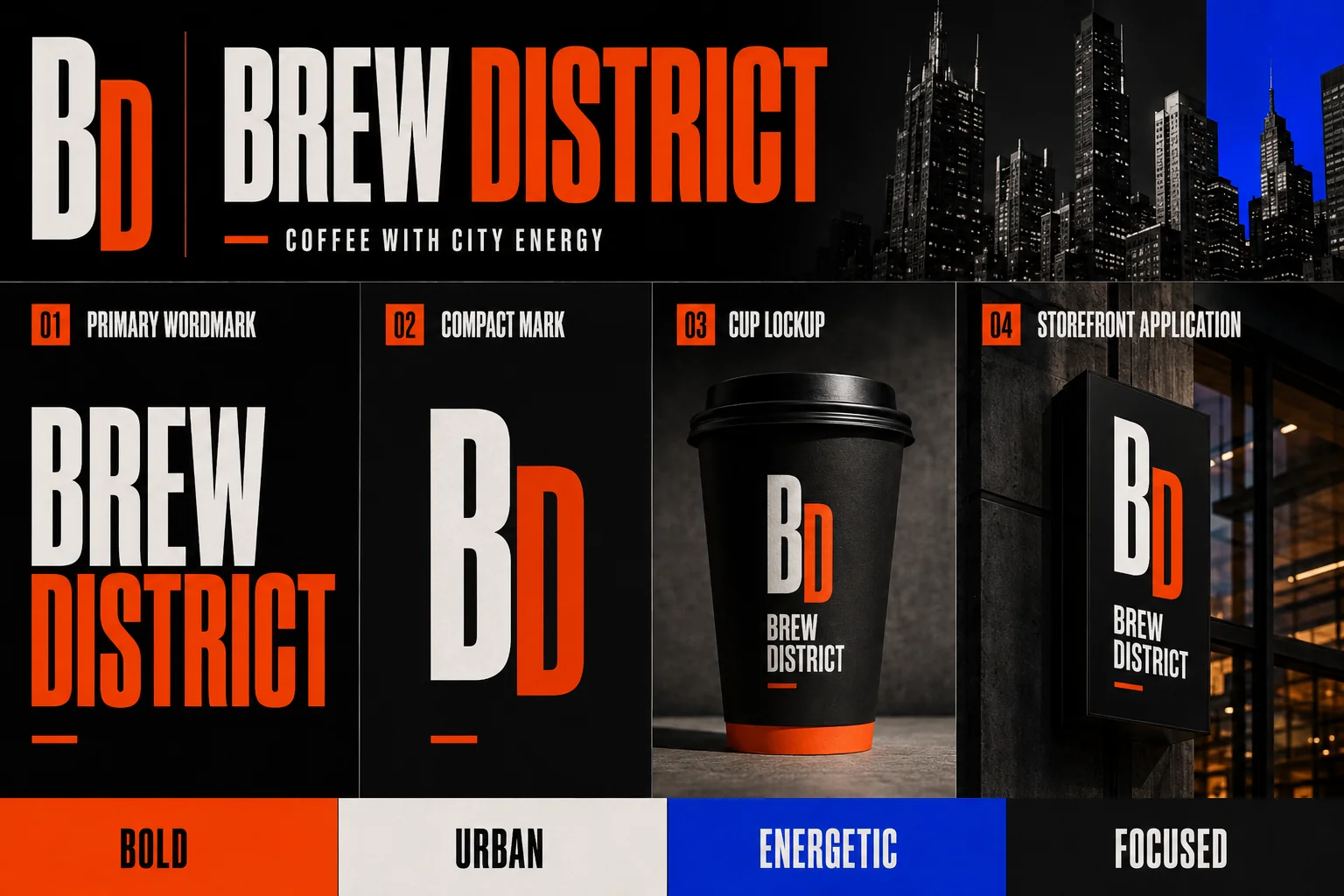 Brew District bold Logo System featuring wordmark, compact mark, and storefront lockups