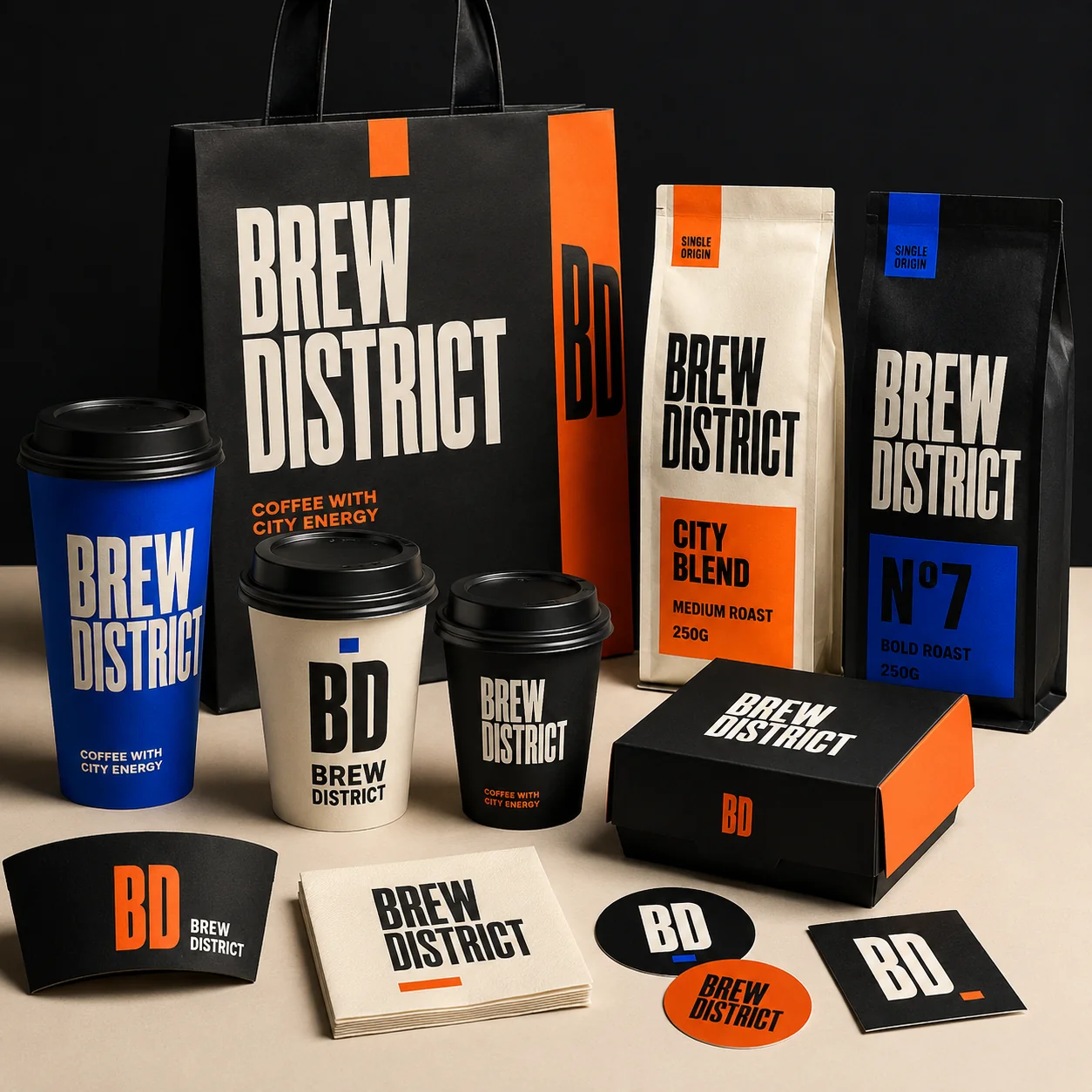 Brew District unified packaging system including pastry boxes, coffee bags, and sleeves
