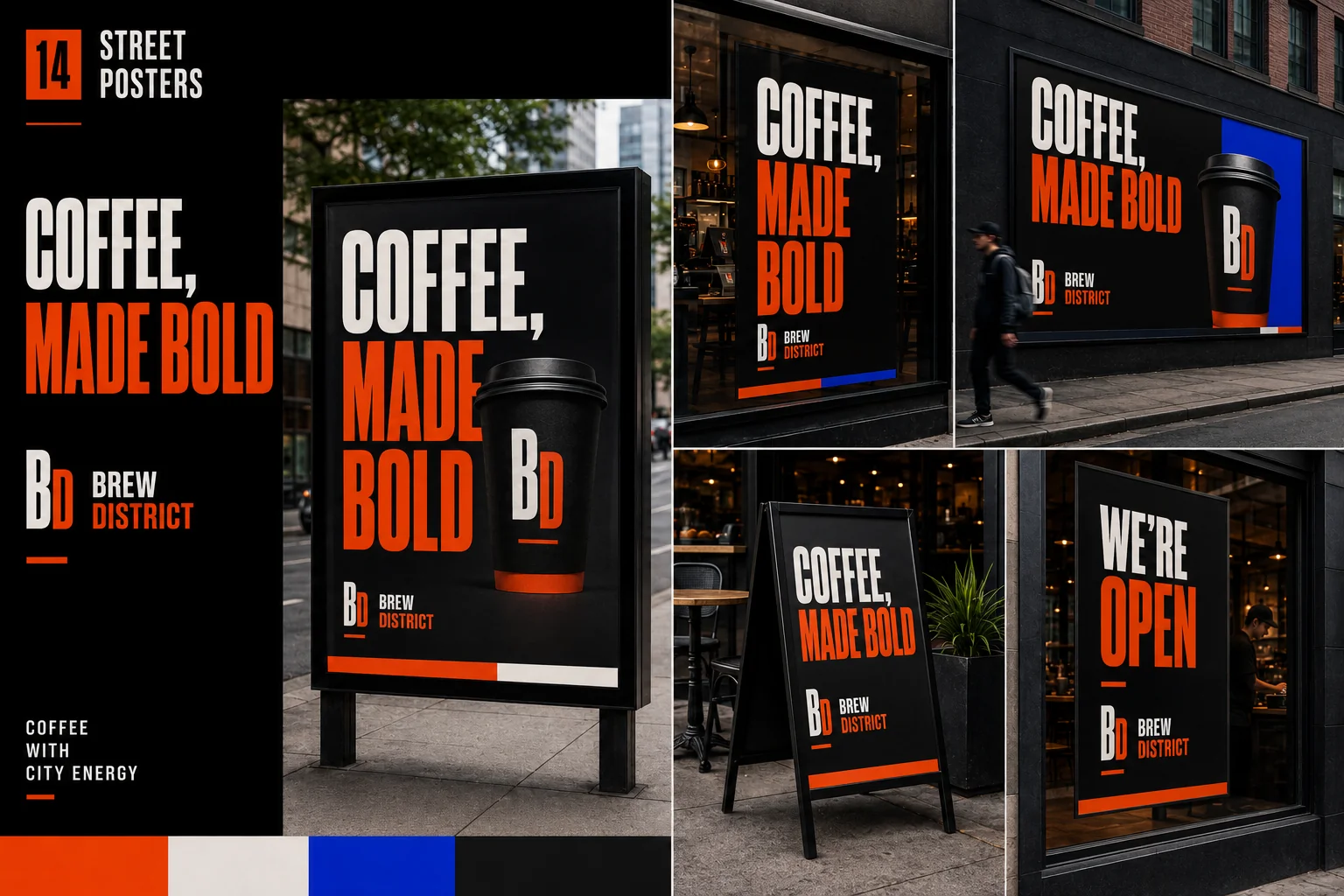 High-impact neighborhood street posters showing the new Brew District visual identity